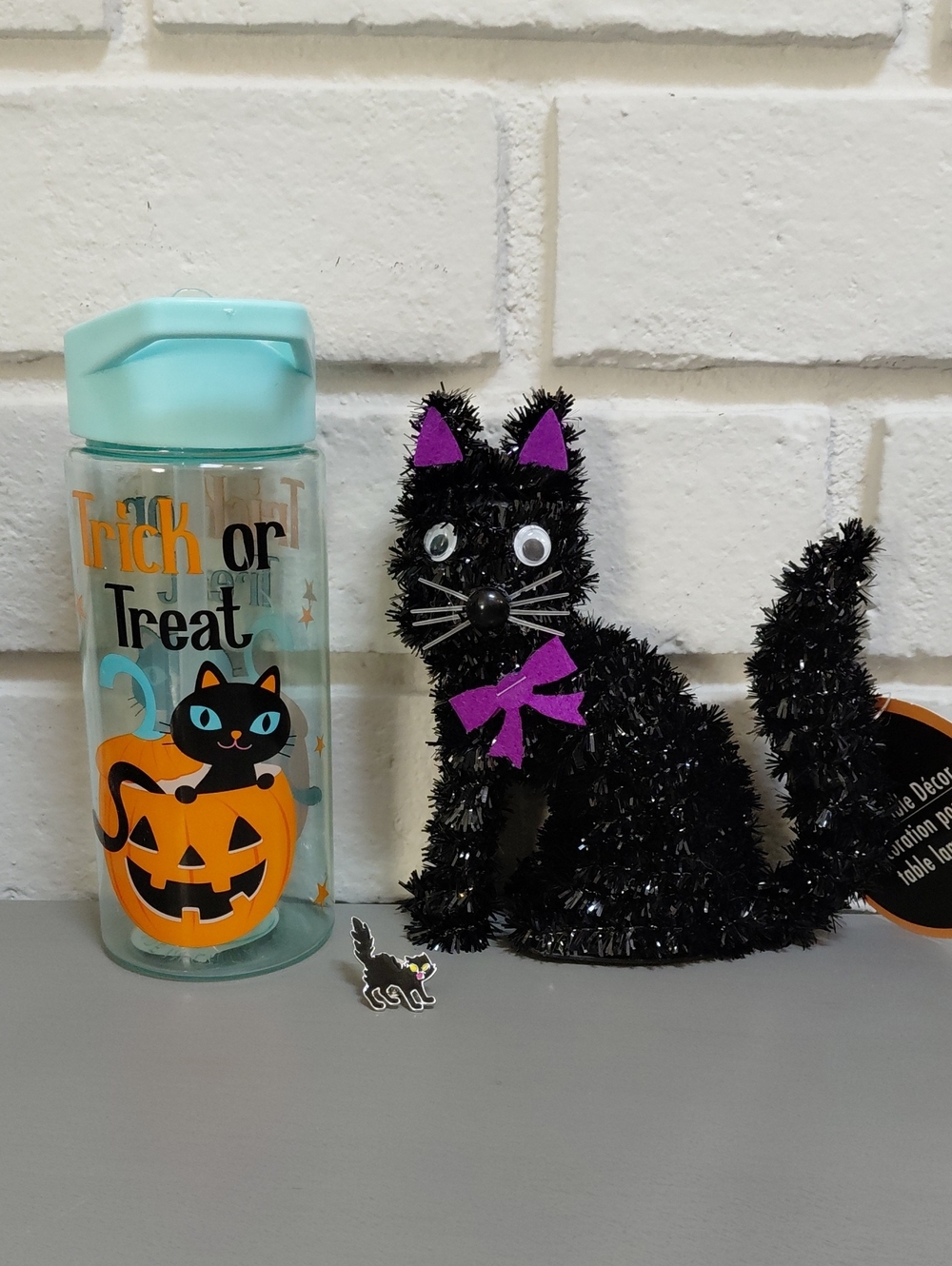 Trick or Treat Cat Water Bottle, Black Cat Decoration & Black Cat Pin. All New!!